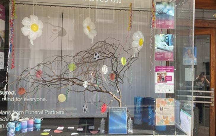 A tree branch holding different football ornaments.
